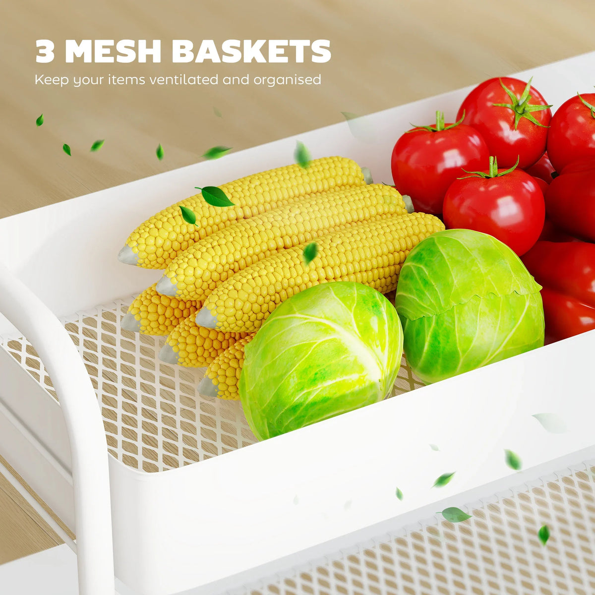 White 3-tier mesh storage baskets holding vegetables, with open front and side rails