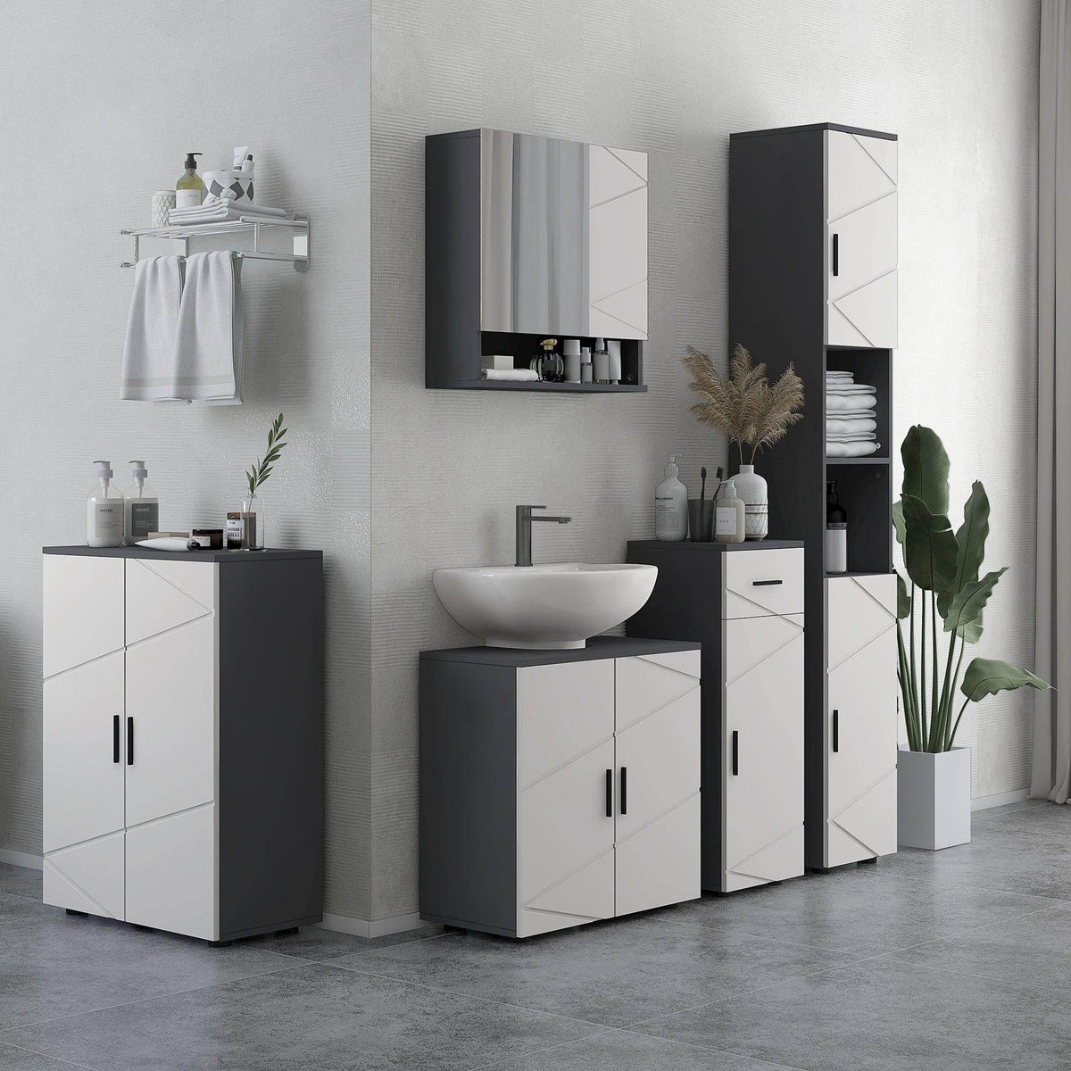 Wall-mounted bathroom storage cabinet with mirrored door and interior shelves, light grey