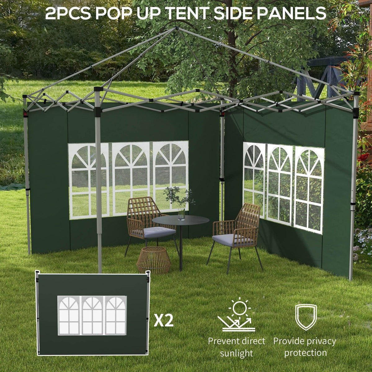 Two-pack green gazebo side panels with white arched window design for privacy