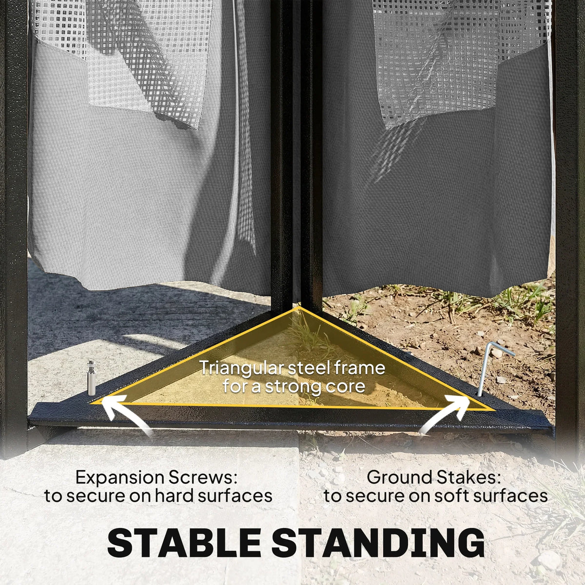 Dark grey gazebo base with triangular support frame, ground stakes, and anchor points
