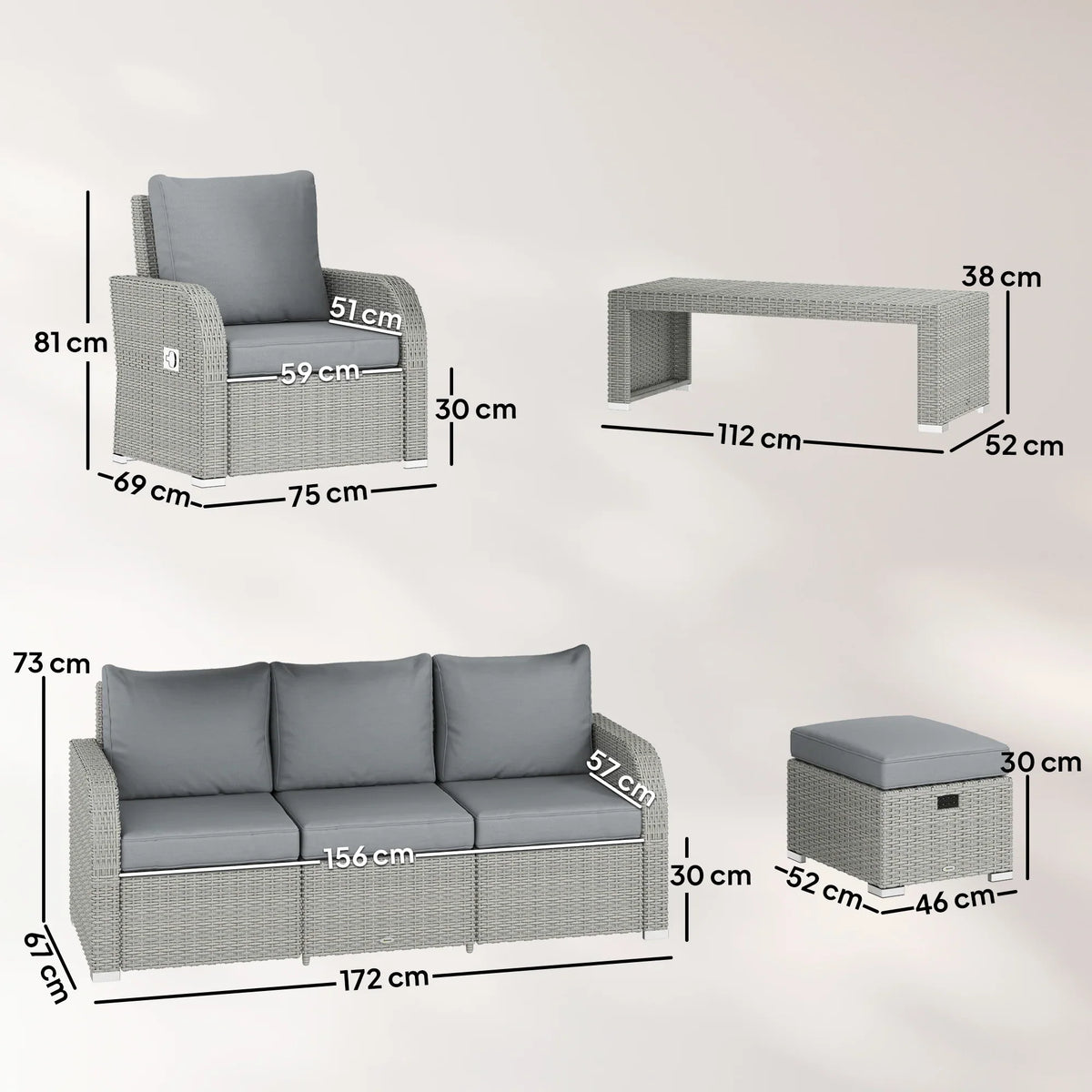 Outdoor rattan furniture set size diagram for sofa, recliner chair, and ottoman, dark gray