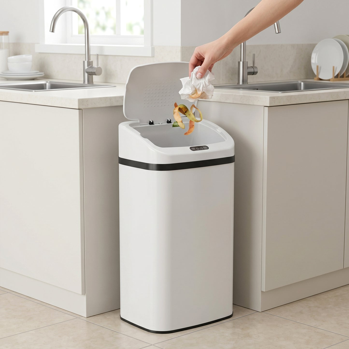 HOMCOM 48L Stainless Steel Sensor Bin With Infrared Touchless Lid White For Easy Family Kitchen Use