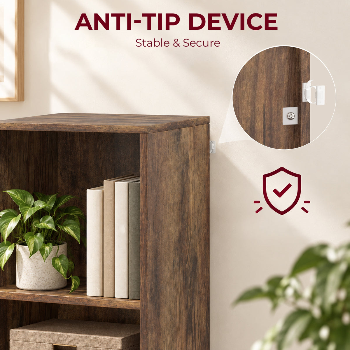 Rustic brown bookshelf corner with anti-tip device hardware on side panel