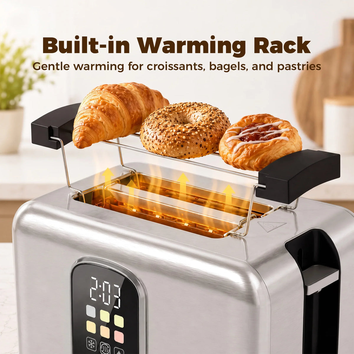 Stainless steel toaster with built-in warming rack inside the toasting chamber