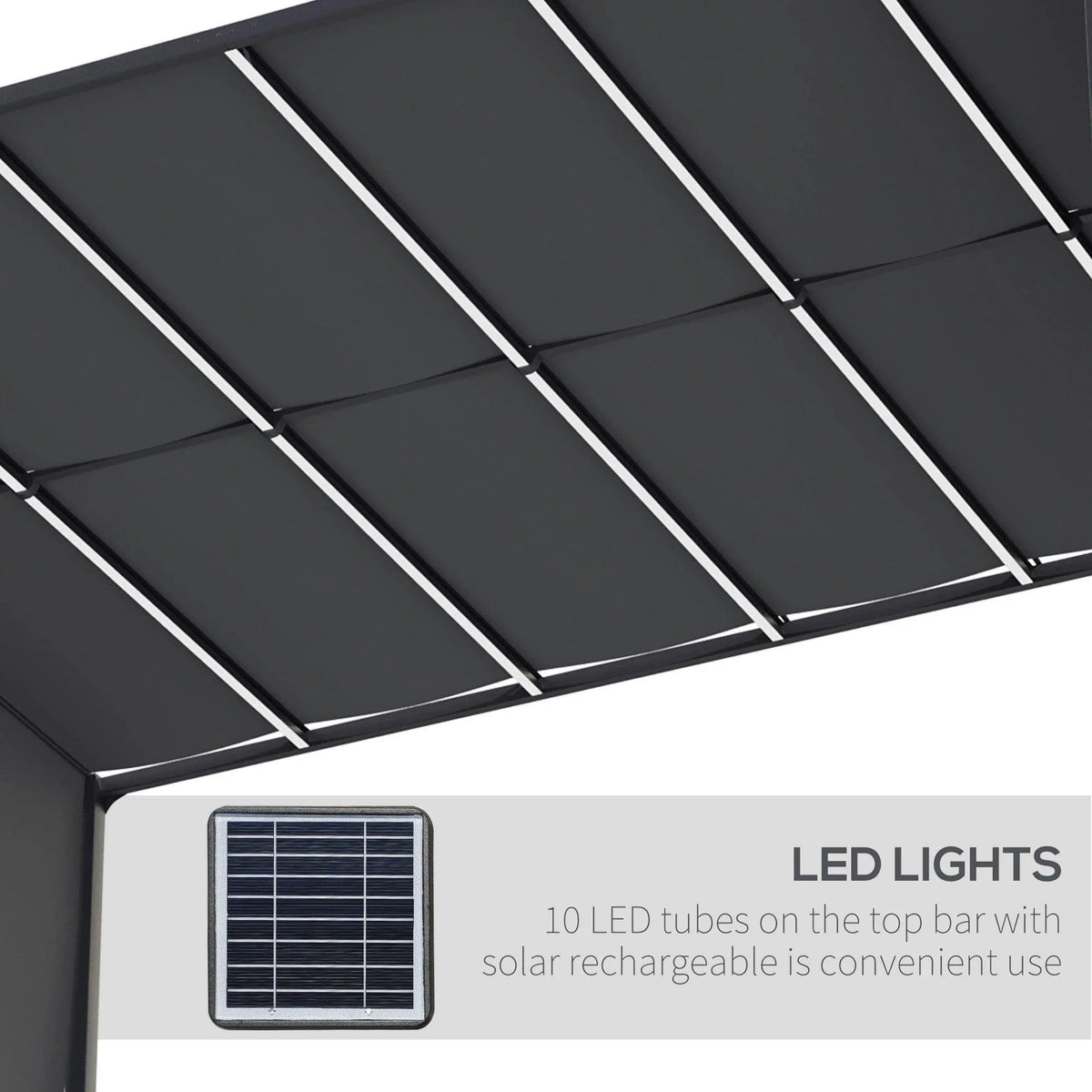 Retractable canopy roof with LED light tubes on the top crossbar