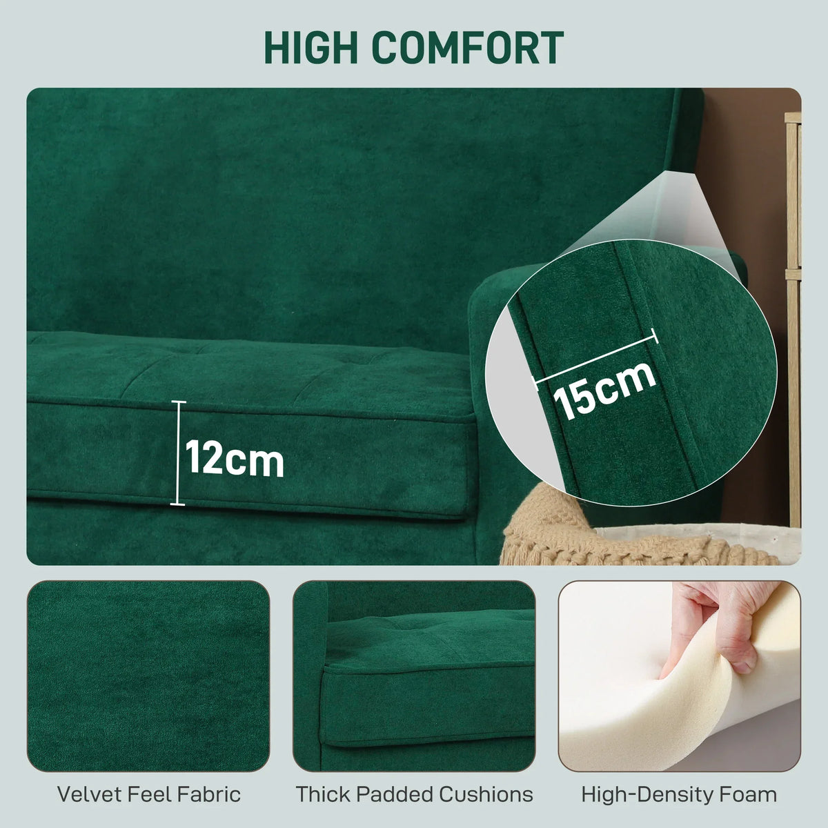 Green velvet two-seater sofa with thick padded seat and tufted detail