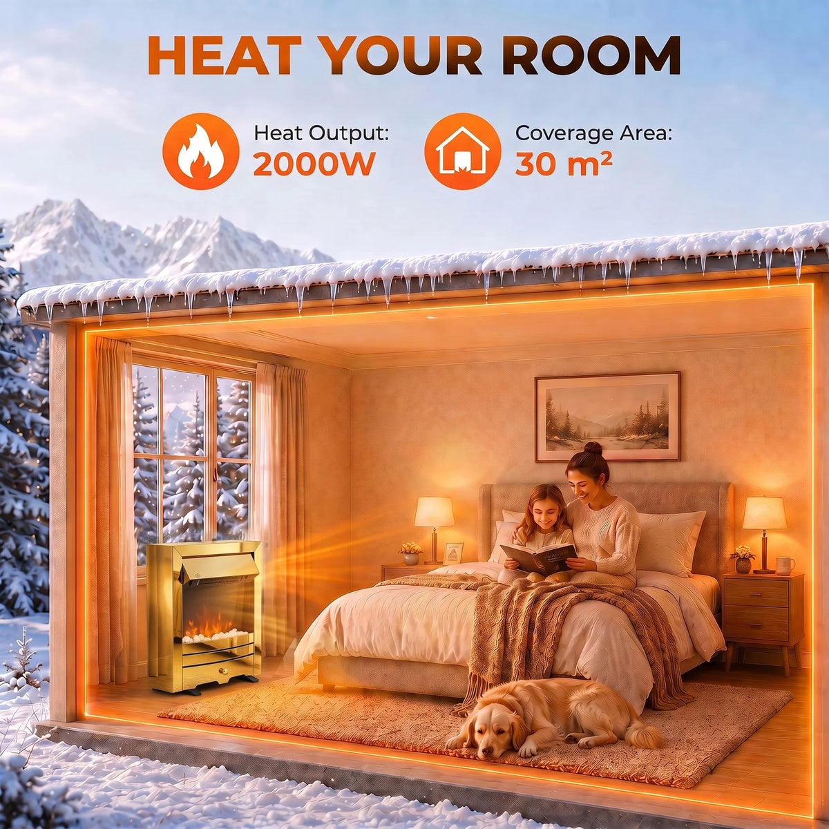 Electric fireplace stove with glowing LED flame effect, brass frame, freestanding design