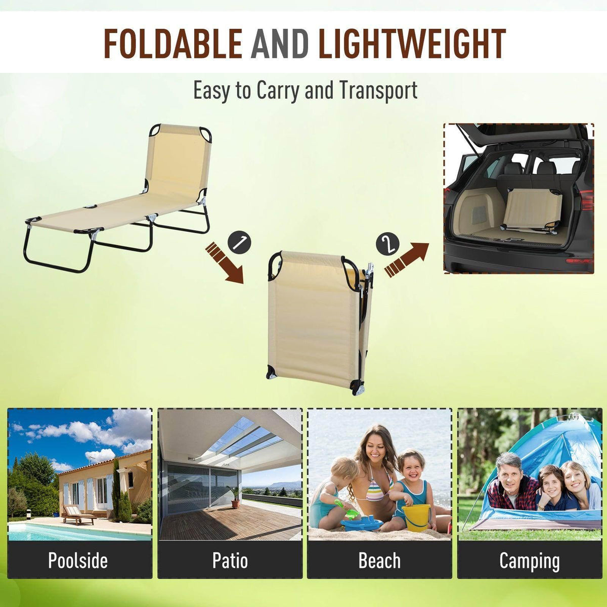 Beige foldable sun lounger with carrying setup and lightweight portable design