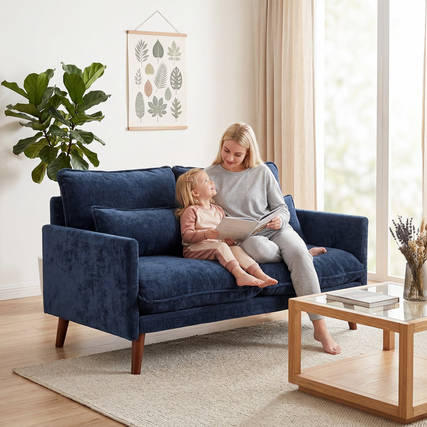 HOMCOM 2 Seater Sofa With Spring Cushions Wide And Deep Seat Wood Legs Blue Compact 131 Cm Footprint For Small Flats