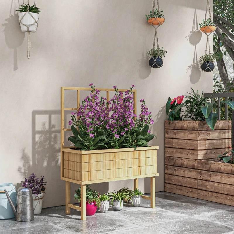 Wooden garden planter with trellis, raised planter box for plants