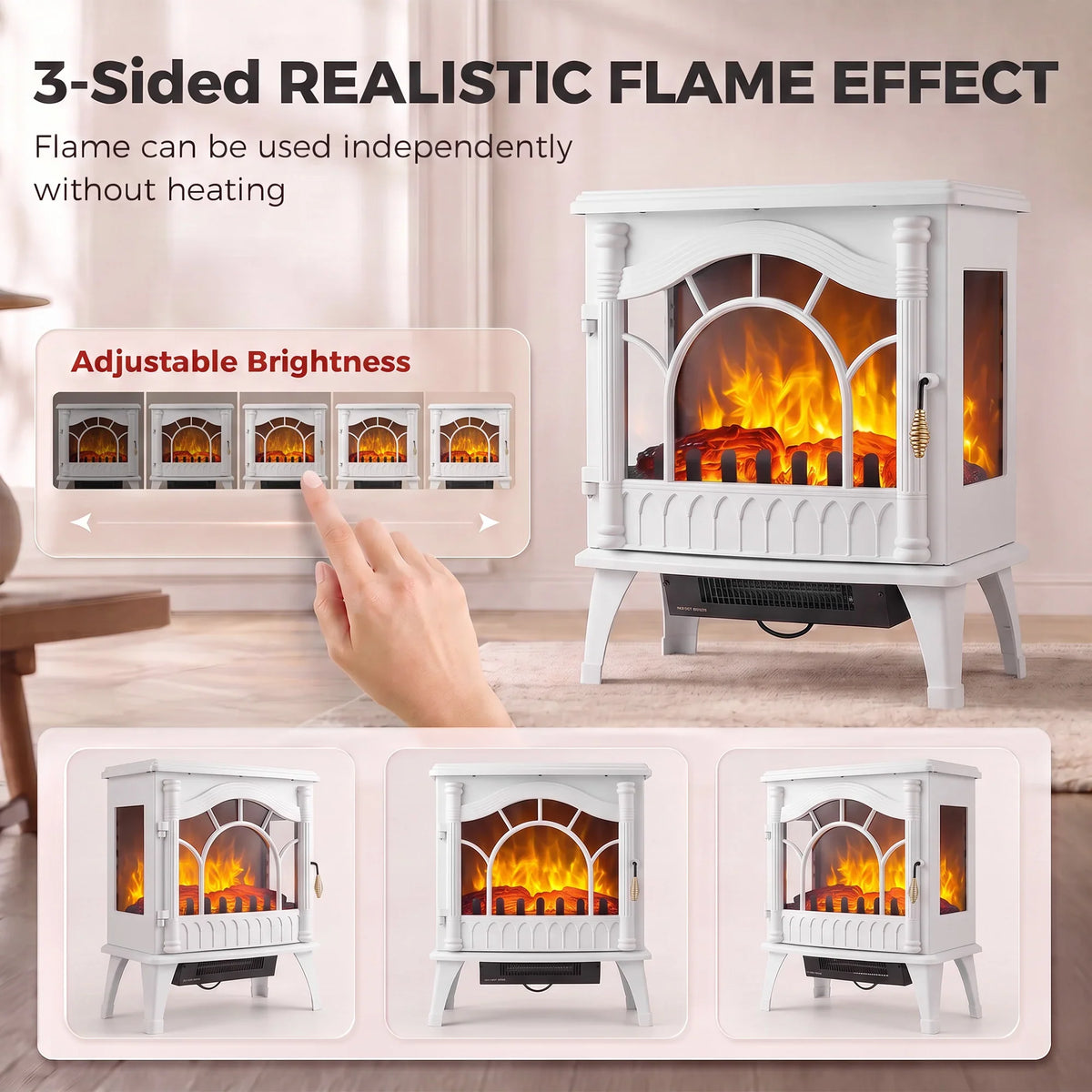 White electric fireplace fan heater showing front flame effect and control panel view