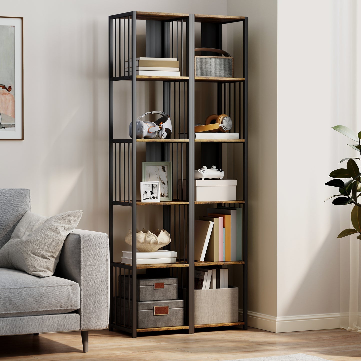 HOMCOM 5 Tier Bookshelf With Steel Frame Rustic Brown Wood Effect Five Open Shelves Anti Tip Straps 60 Kg Capacity