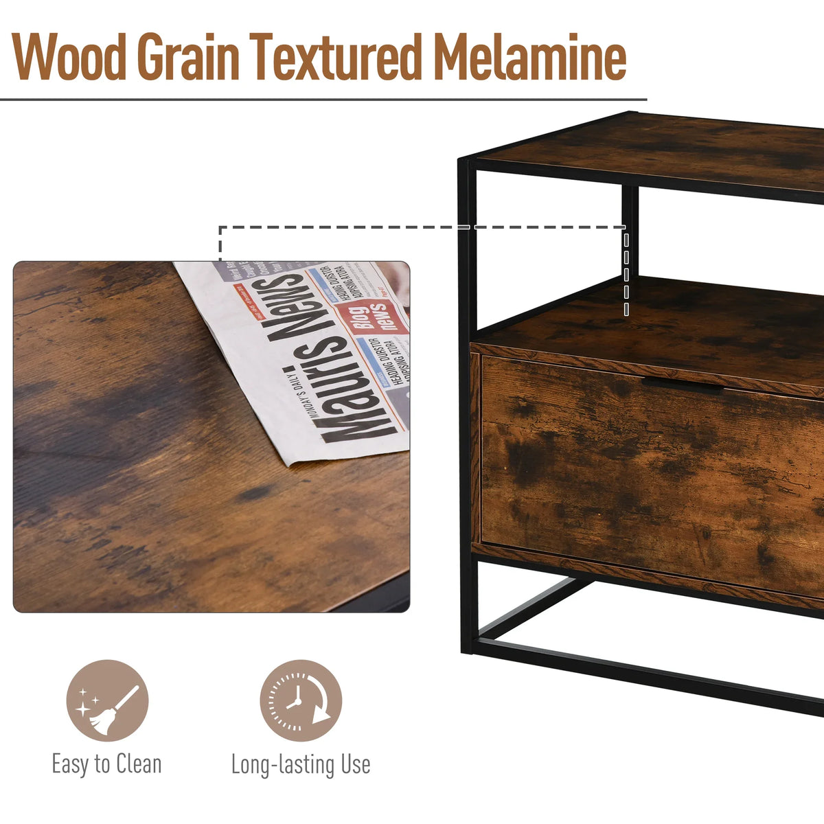 Industrial side table with woodgrain textured melamine top and front drawer, black metal frame