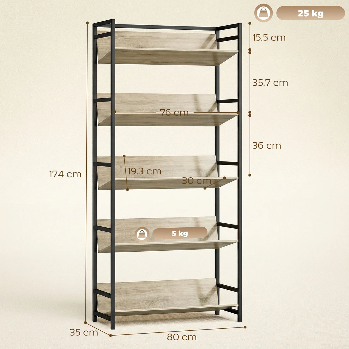 5-tier metal bookcase with black frame and oak-tone shelves, size diagram view