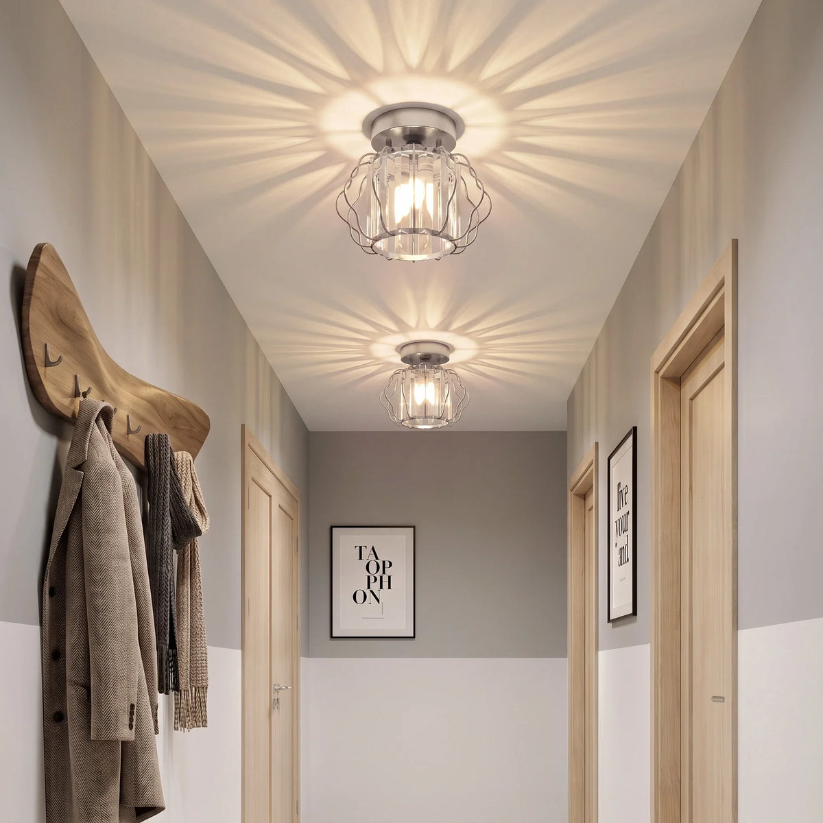 Silver semi-flush ceiling light with clear crystal bars and curled metal frame