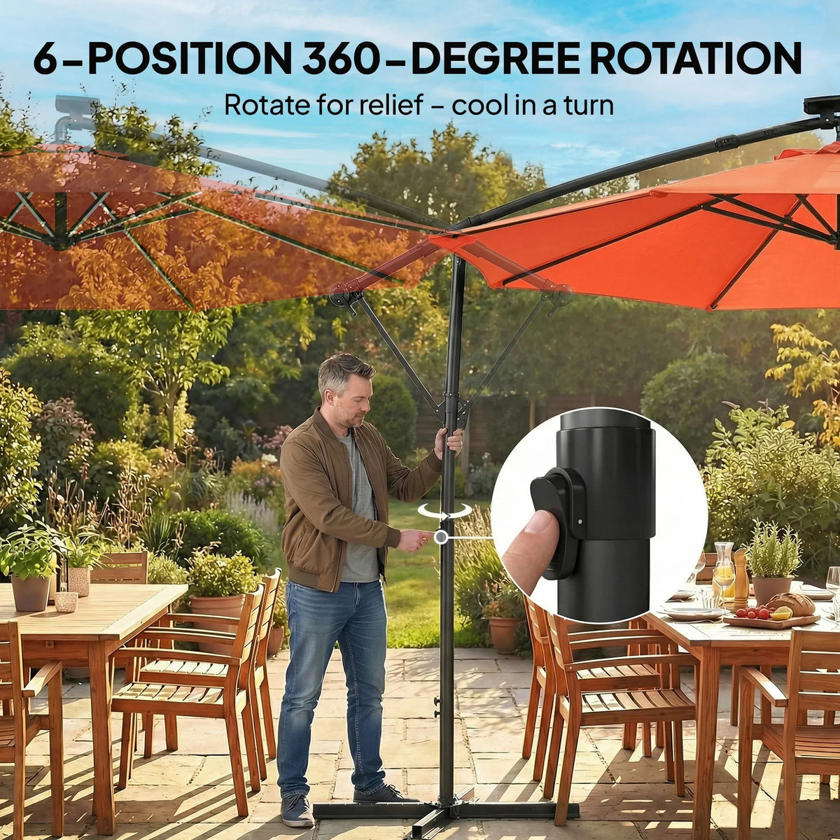 Orange cantilever parasol with 360-degree rotation mechanism at the pole