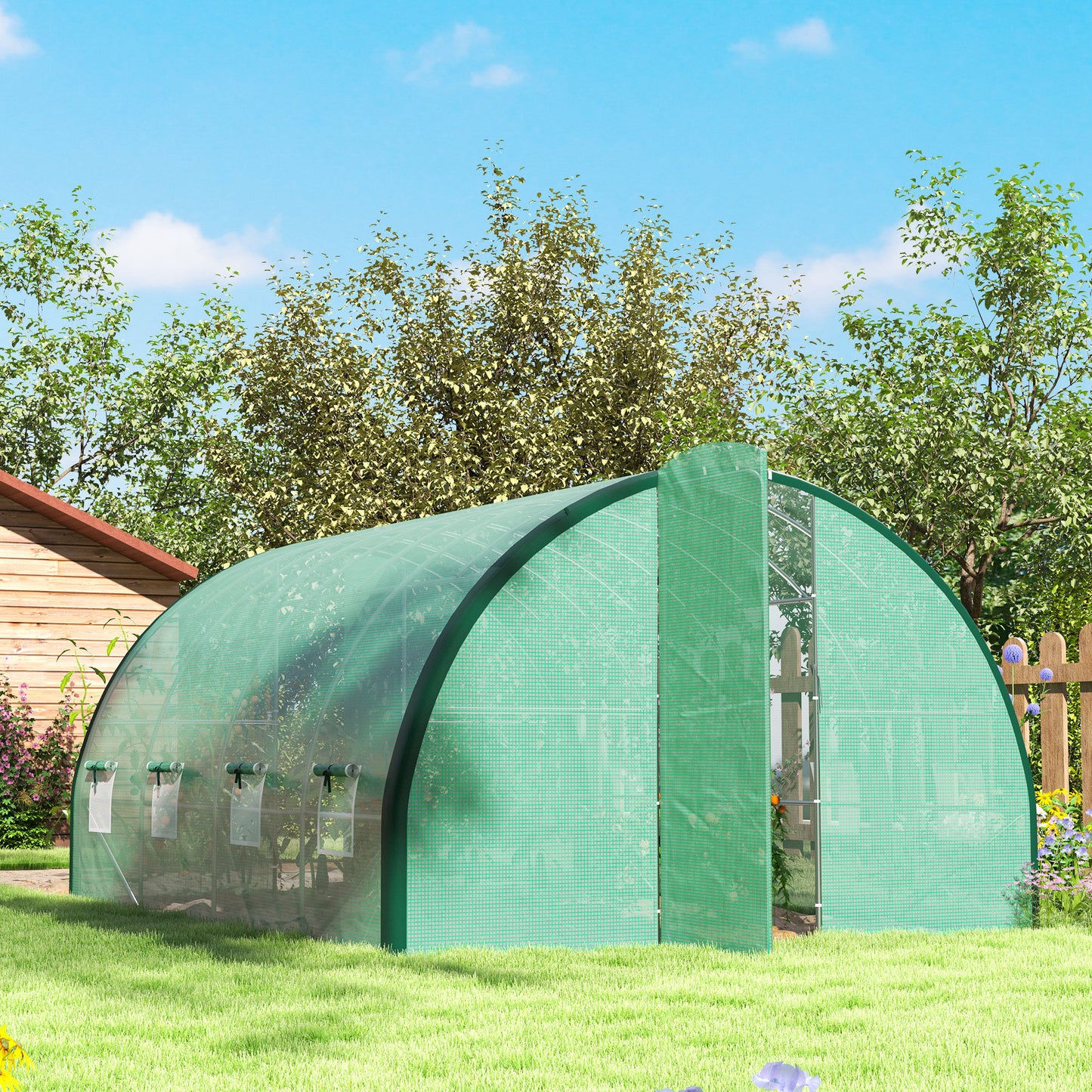 Outsunny 4 x 3 m Polytunnel Greenhouse With Windows And Doors Galvanised Steel Frame Green