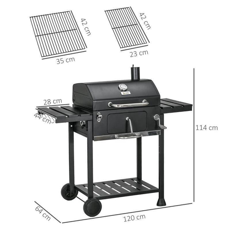 Charcoal BBQ grill with thermometer on the lid, side shelves, and lower storage rack