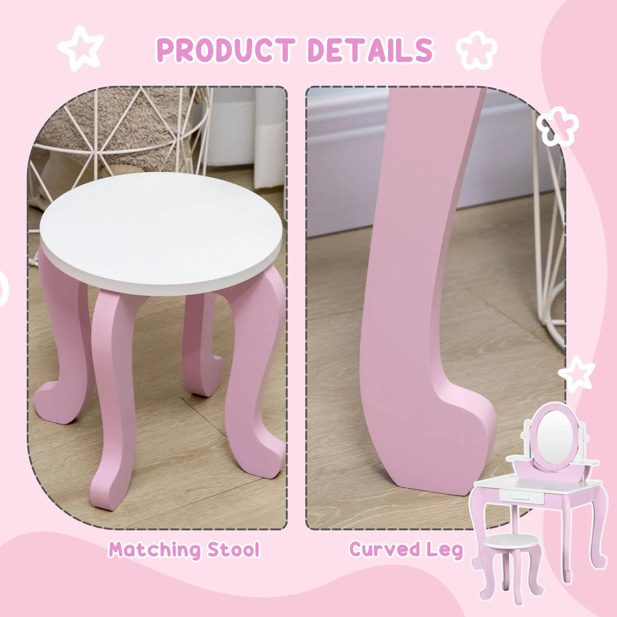 Matching stool with white round seat and pink curved legs for the kids vanity set