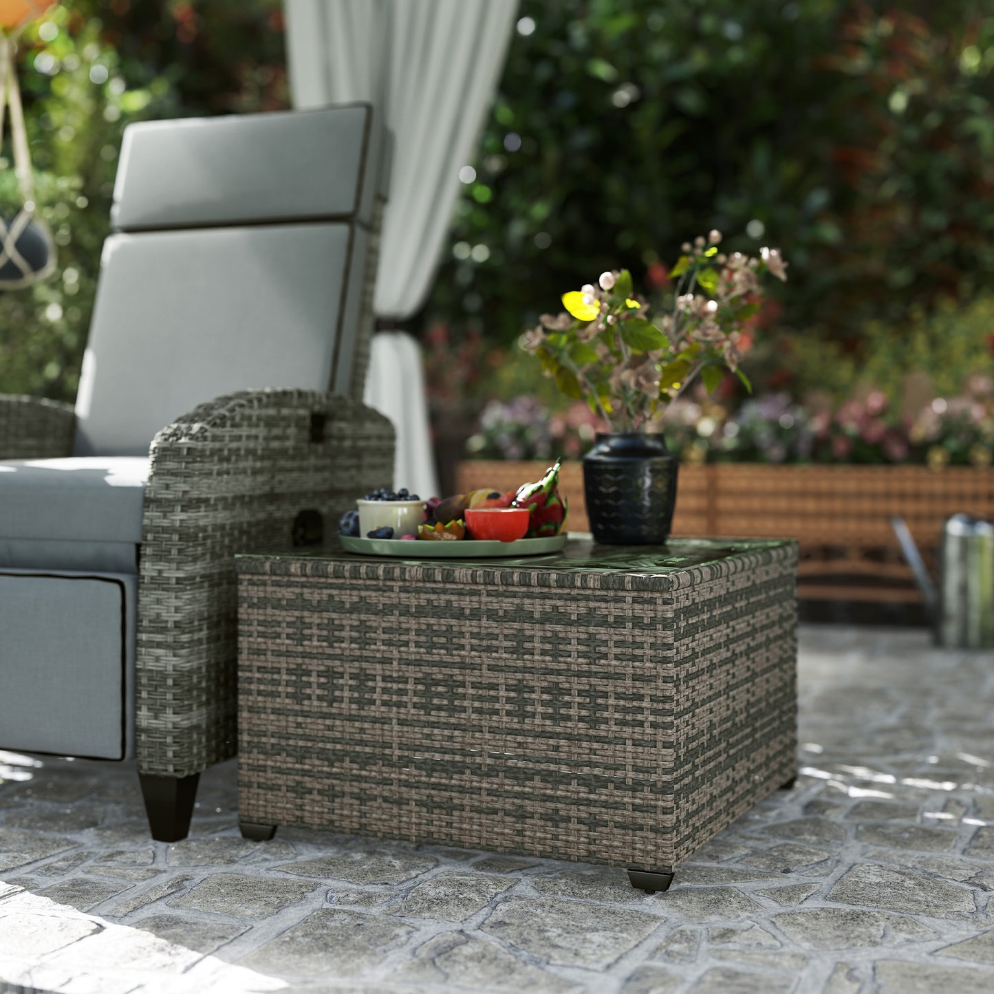Outsunny 62 By 62 Centimeter Glass Top Rattan Garden Side Table Light Grey With Tempered Top