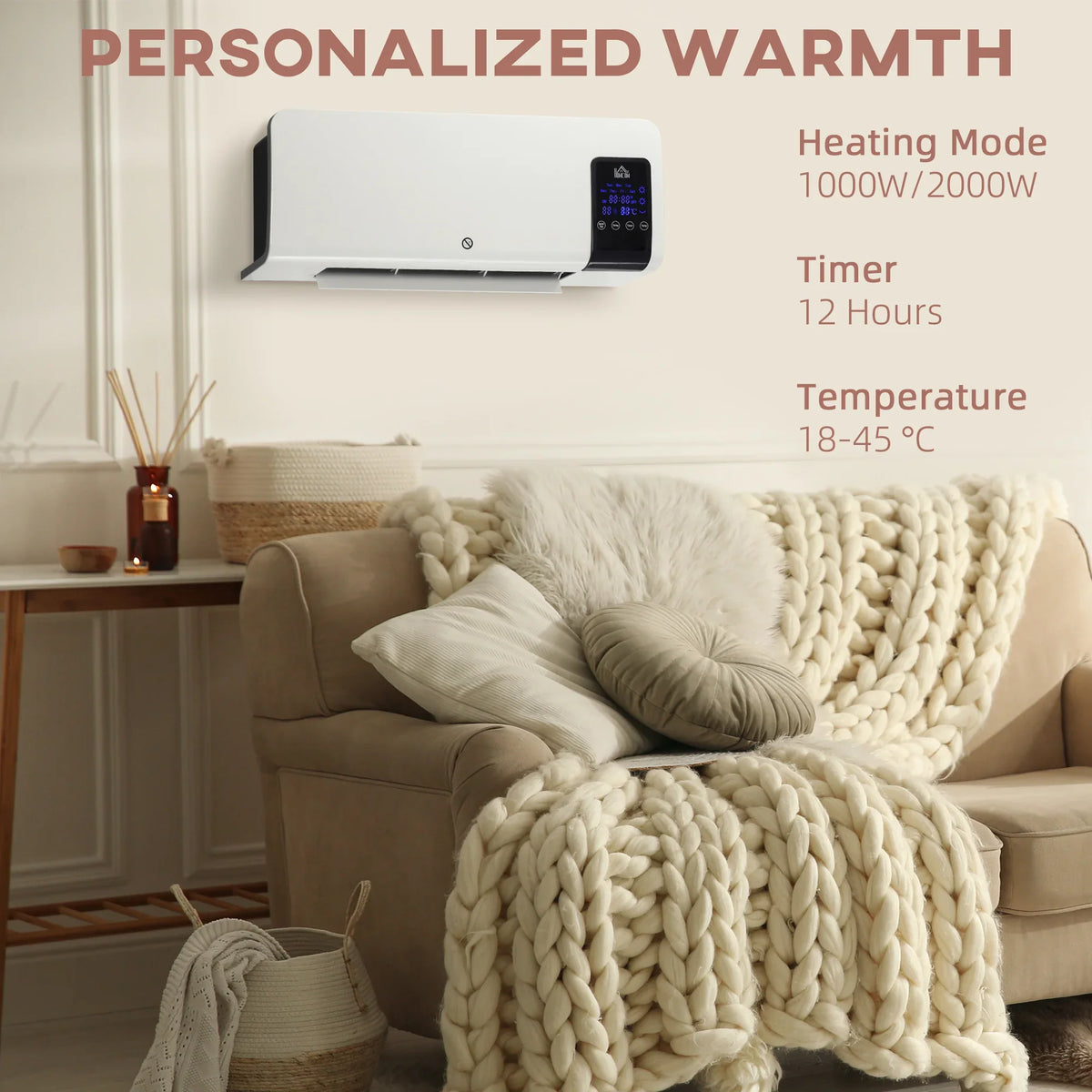 Wall-mounted white heater with digital control panel on a living room wall