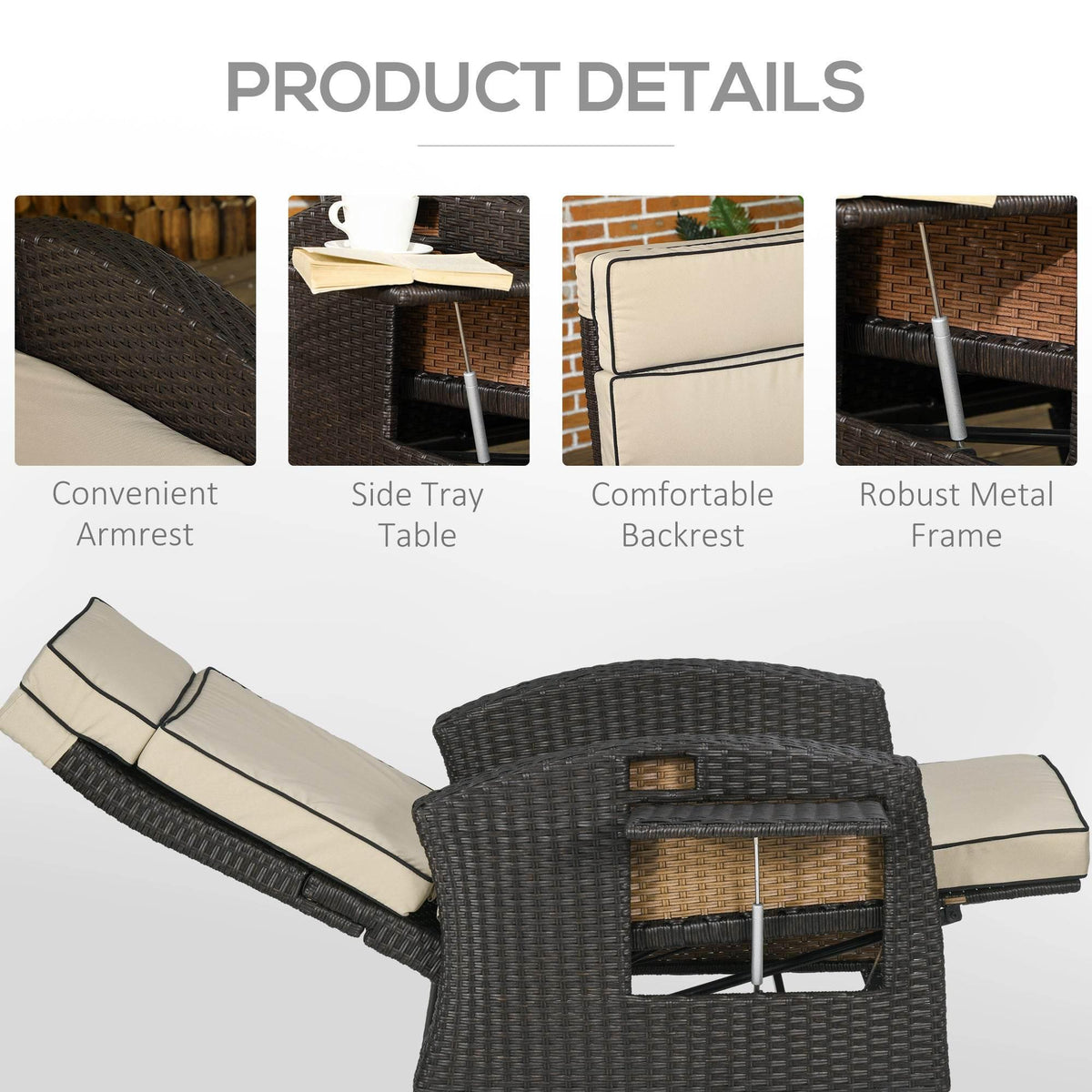 Adjustable outdoor recliner chair with side tray table and beige cushions, dark brown wicker