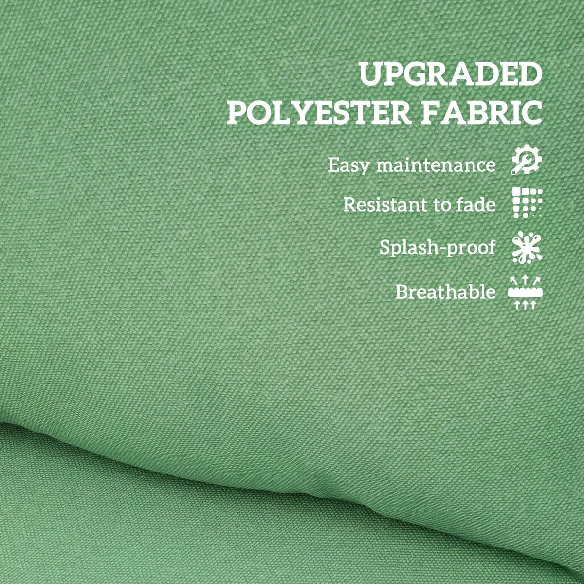 Green cushion fabric close-up with smooth, textured polyester weave