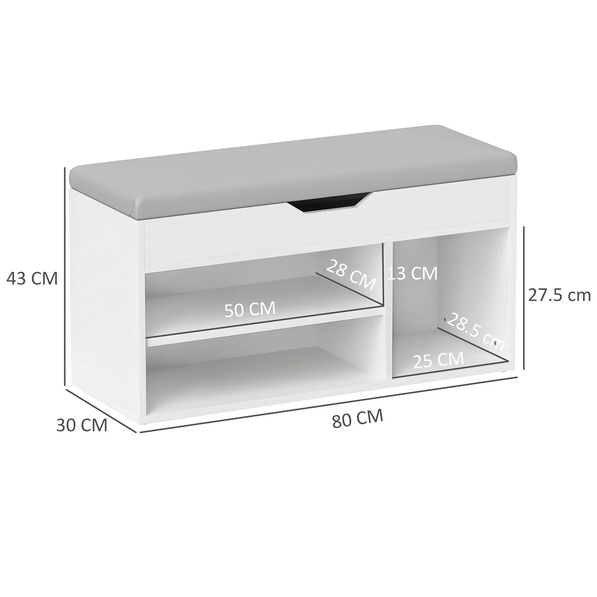 Cream shoes cabinet bench with padded seat and hinged storage, shown with size measurements