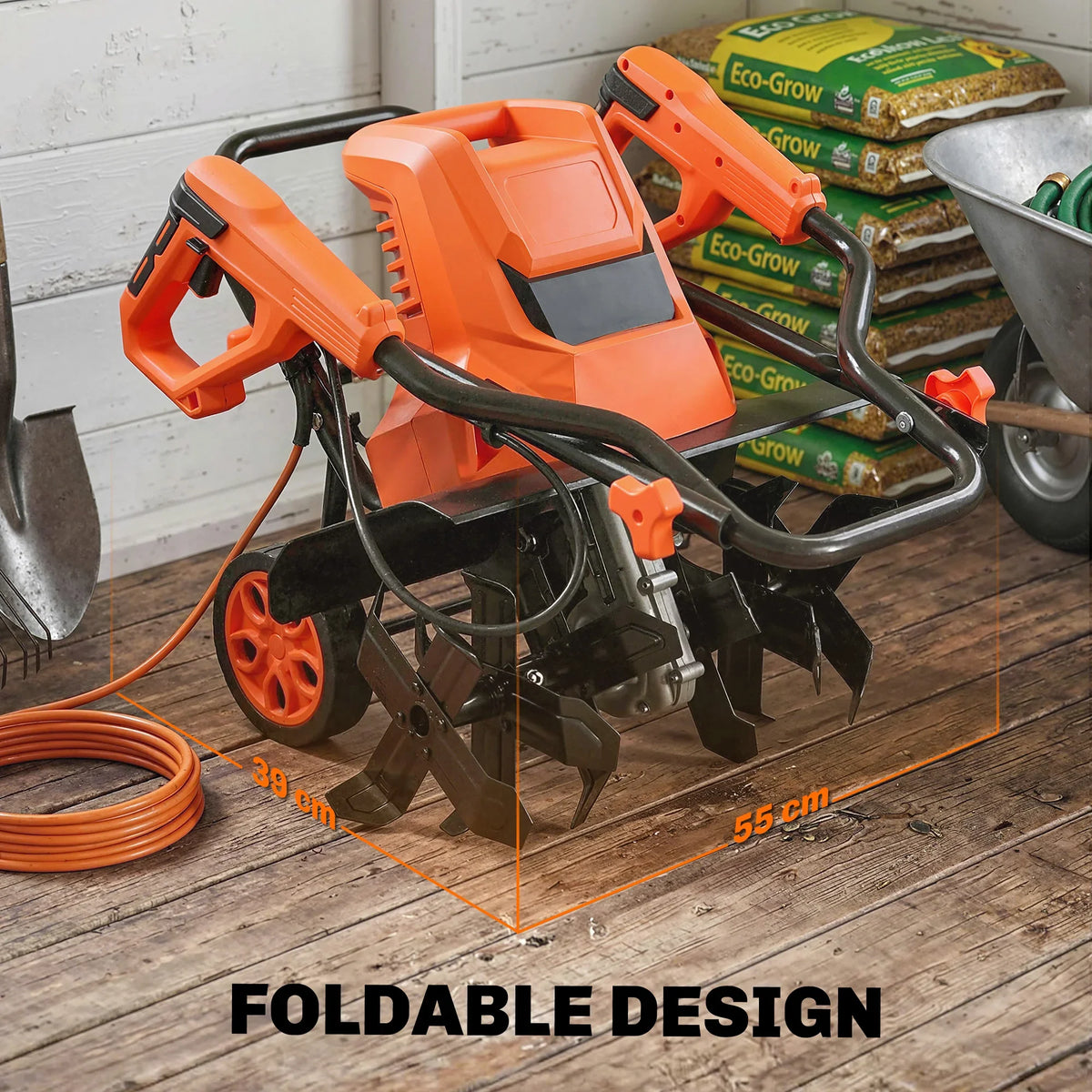 Foldable electric garden tiller with orange housing, wheels, and front tilling blades