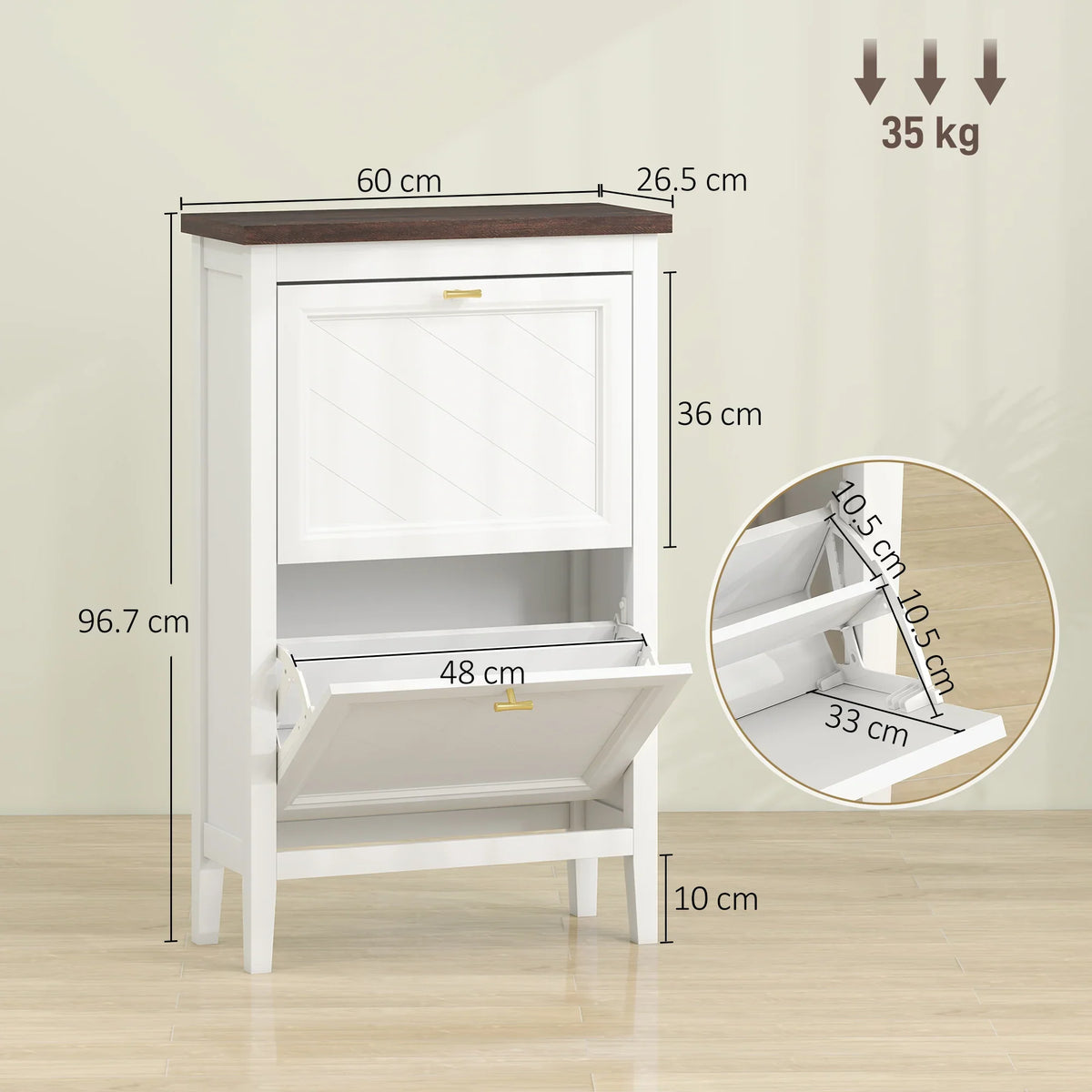 White narrow shoe cabinet with two flip drawers; front view with size and hinge detail