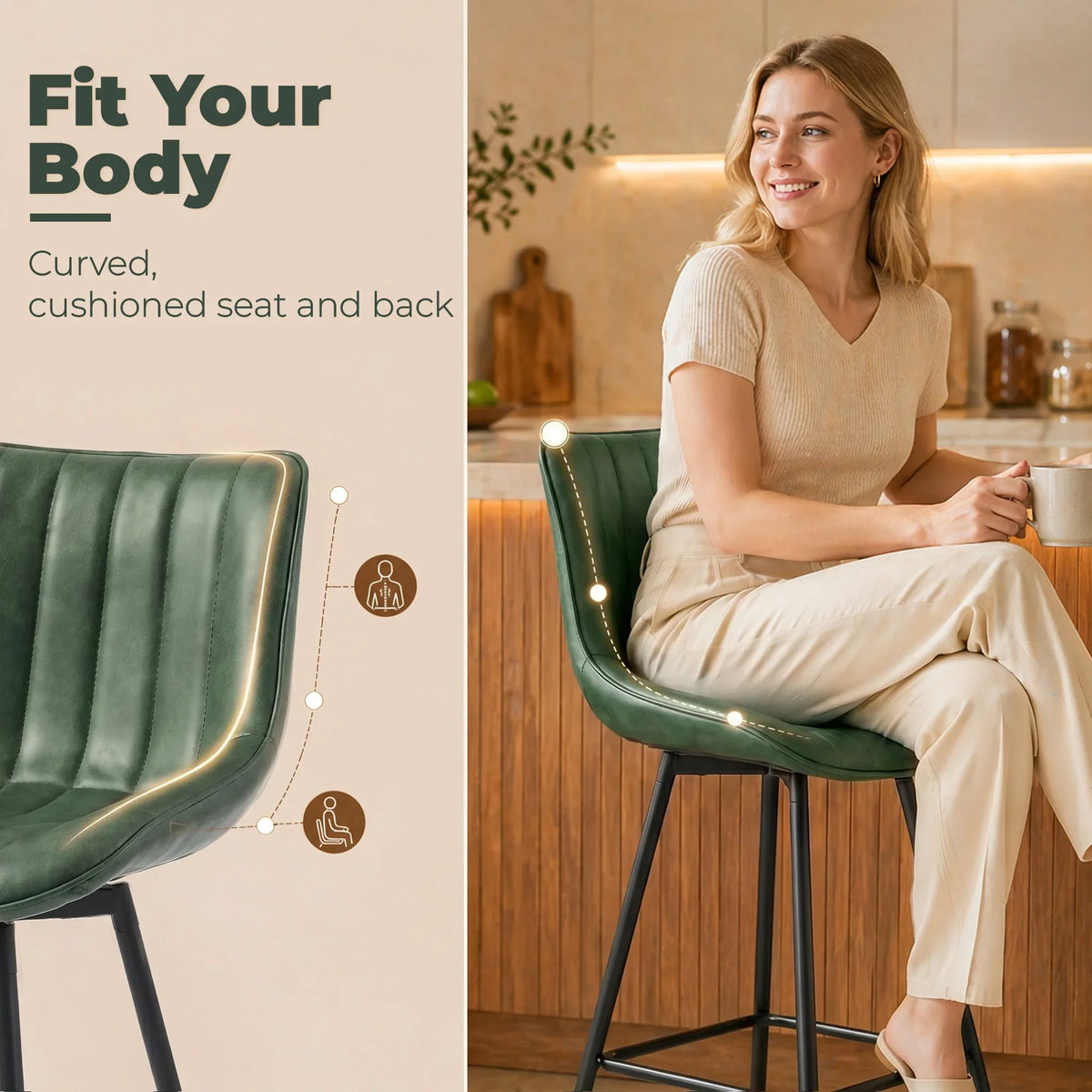 Dark green cushioned bar stool with curved seat and vertical channel-stitching back