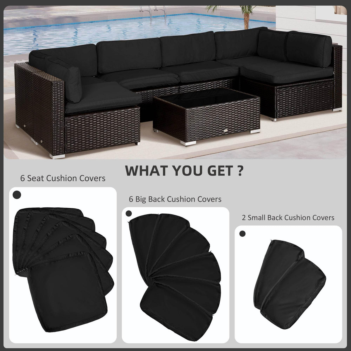 Black polyester outdoor sofa cushion replacement covers set shown as multiple cover sizes.