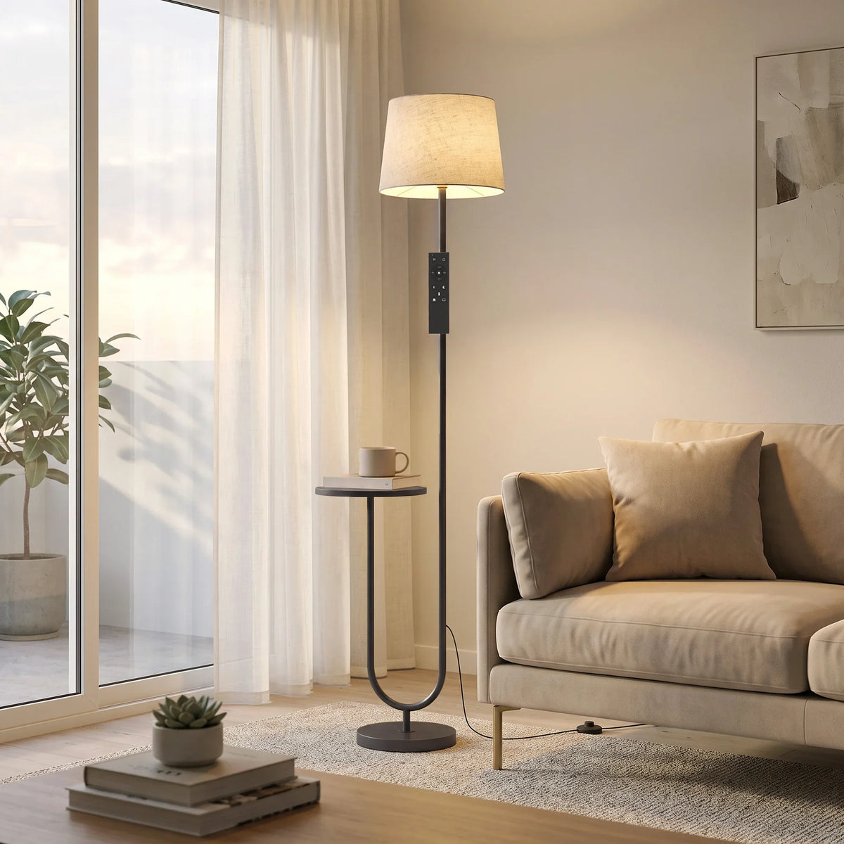 Floor lamp with linen shade and round side shelf in living room setting
