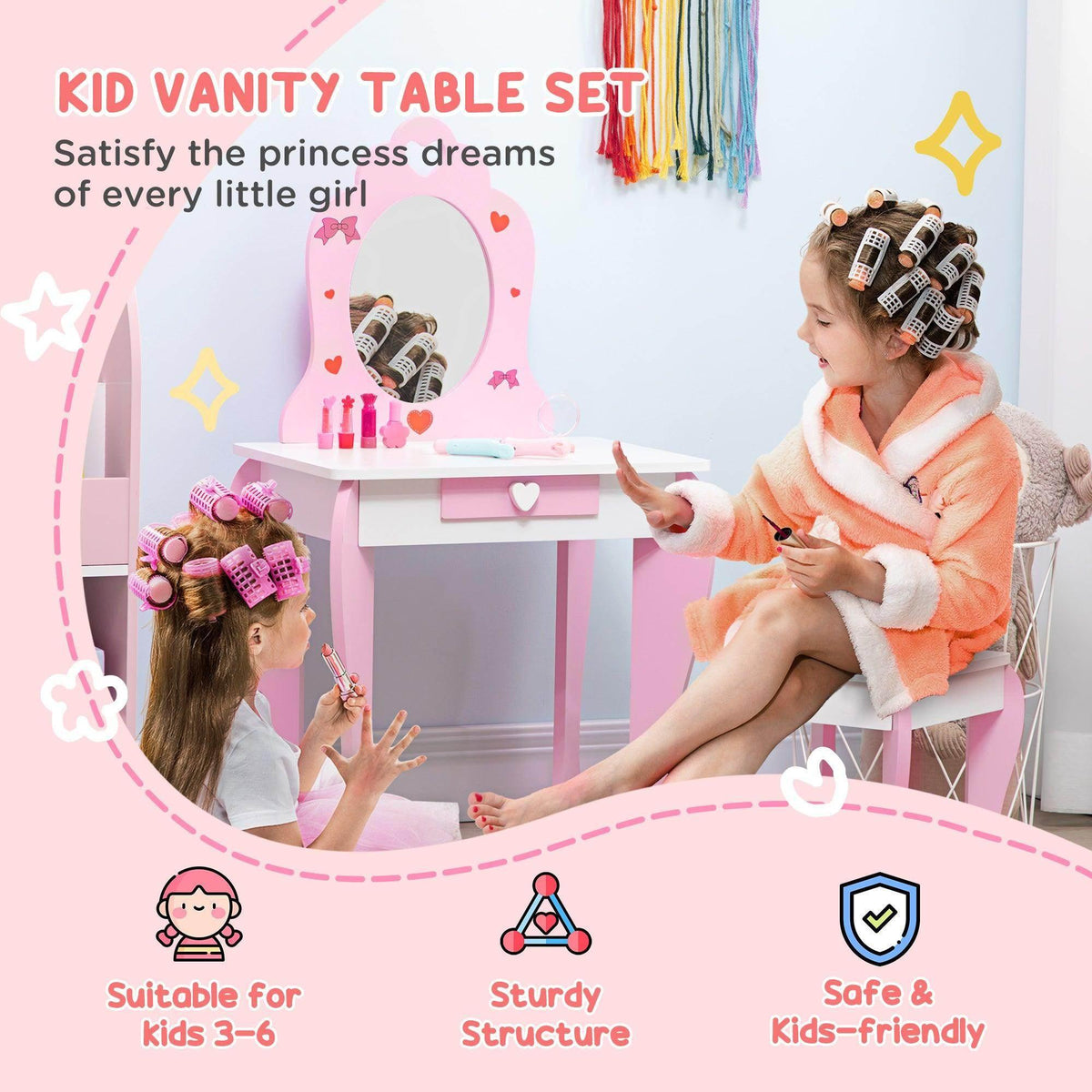 Pink kids vanity table with arched mirror and heart-themed drawer