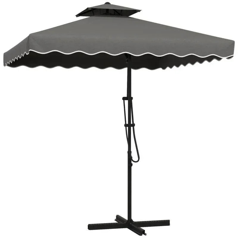 Dark grey square double-top cantilever parasol with scalloped ruffled canopy edge