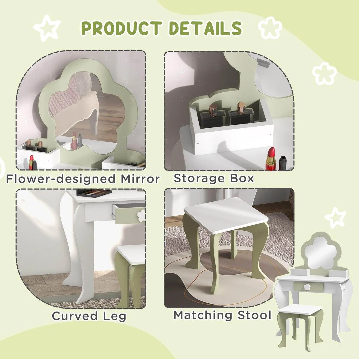 White kids vanity table set details: flower mirror, storage box, drawer, curved legs, stool
