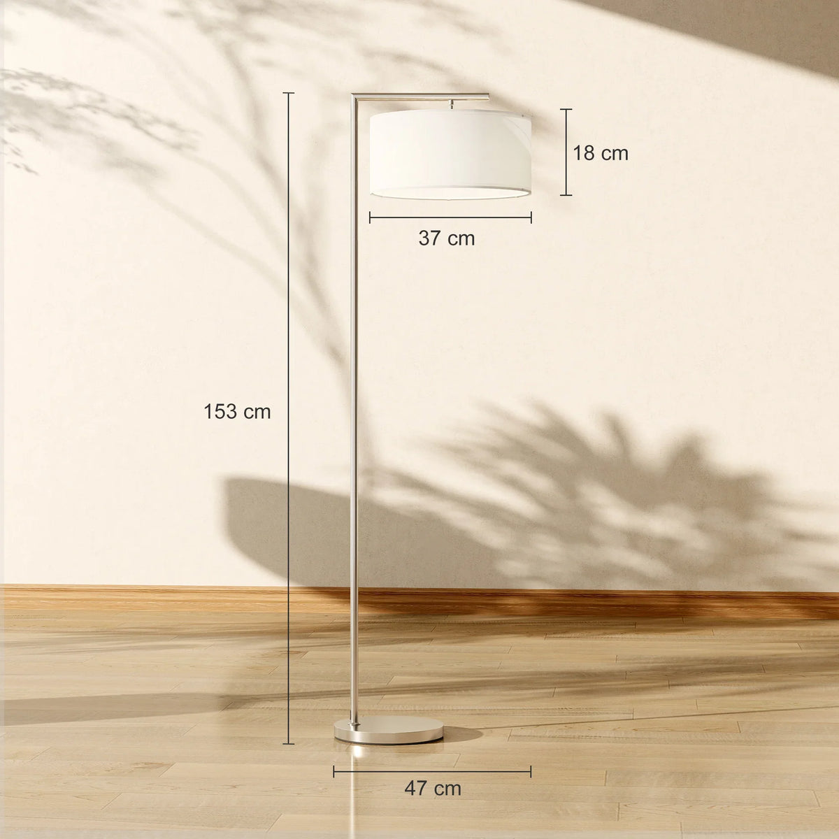 Silver floor lamp, 153 cm tall; linen drum shade with round 47 cm base