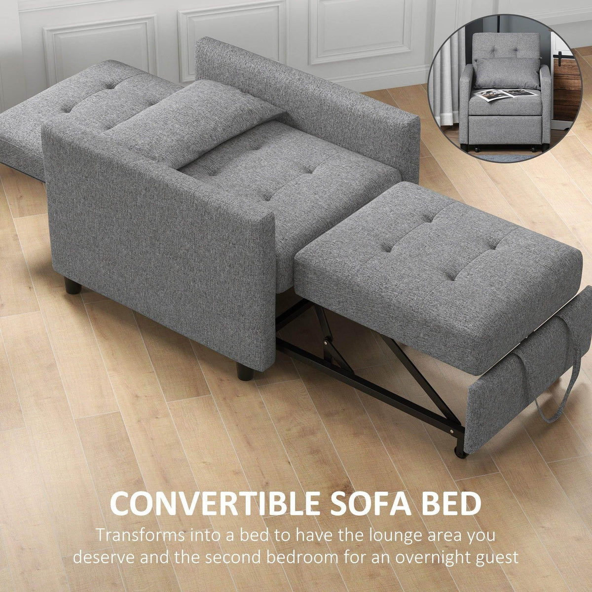 Grey convertible sofa bed with pulled-out chaise and tufted seat cushions