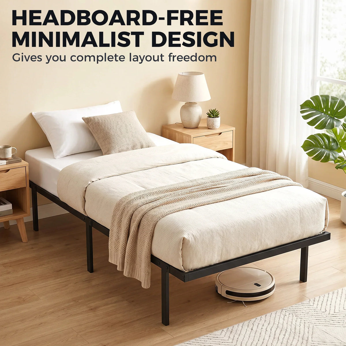 Headboard-free single bed frame with black metal legs and slat base