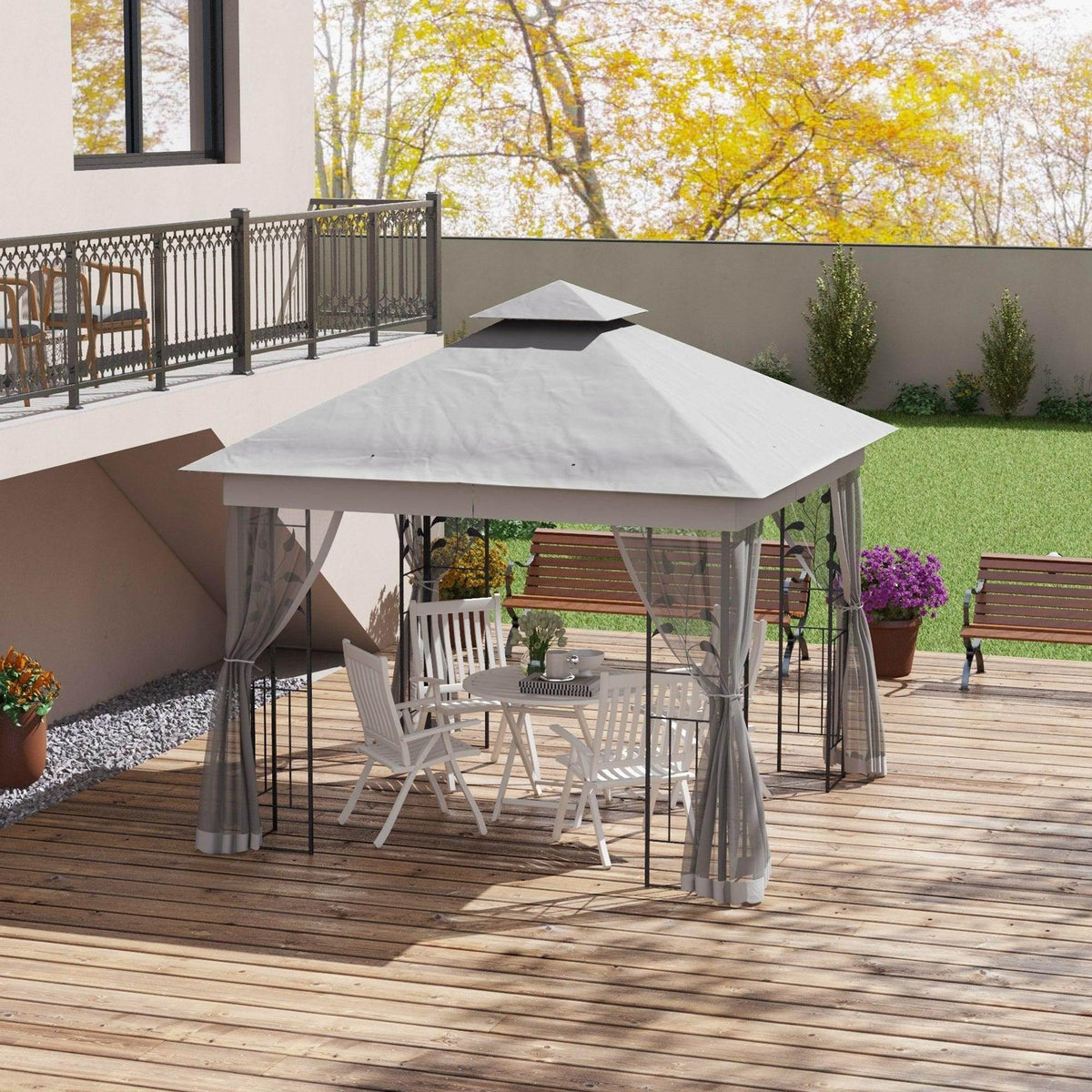Light grey double-roof gazebo with netting panels and steel frame on wooden deck