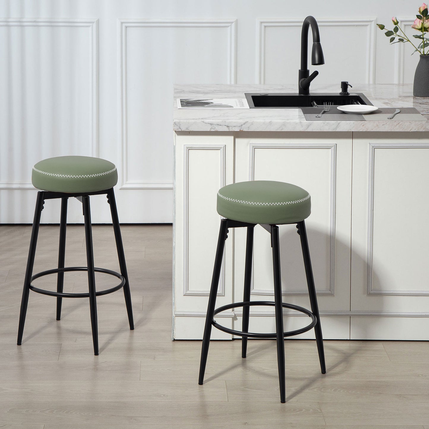 HOMCOM Set Of Two Faux Leather Bar Stools Green And Black With White Thread Edges And 8 Cm Thick Cushions
