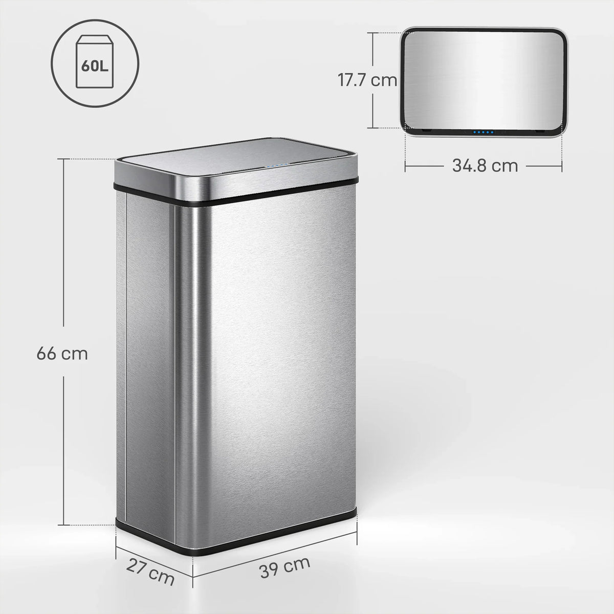 Silver stainless steel 60L sensor trash can with raised lid panel and dark top