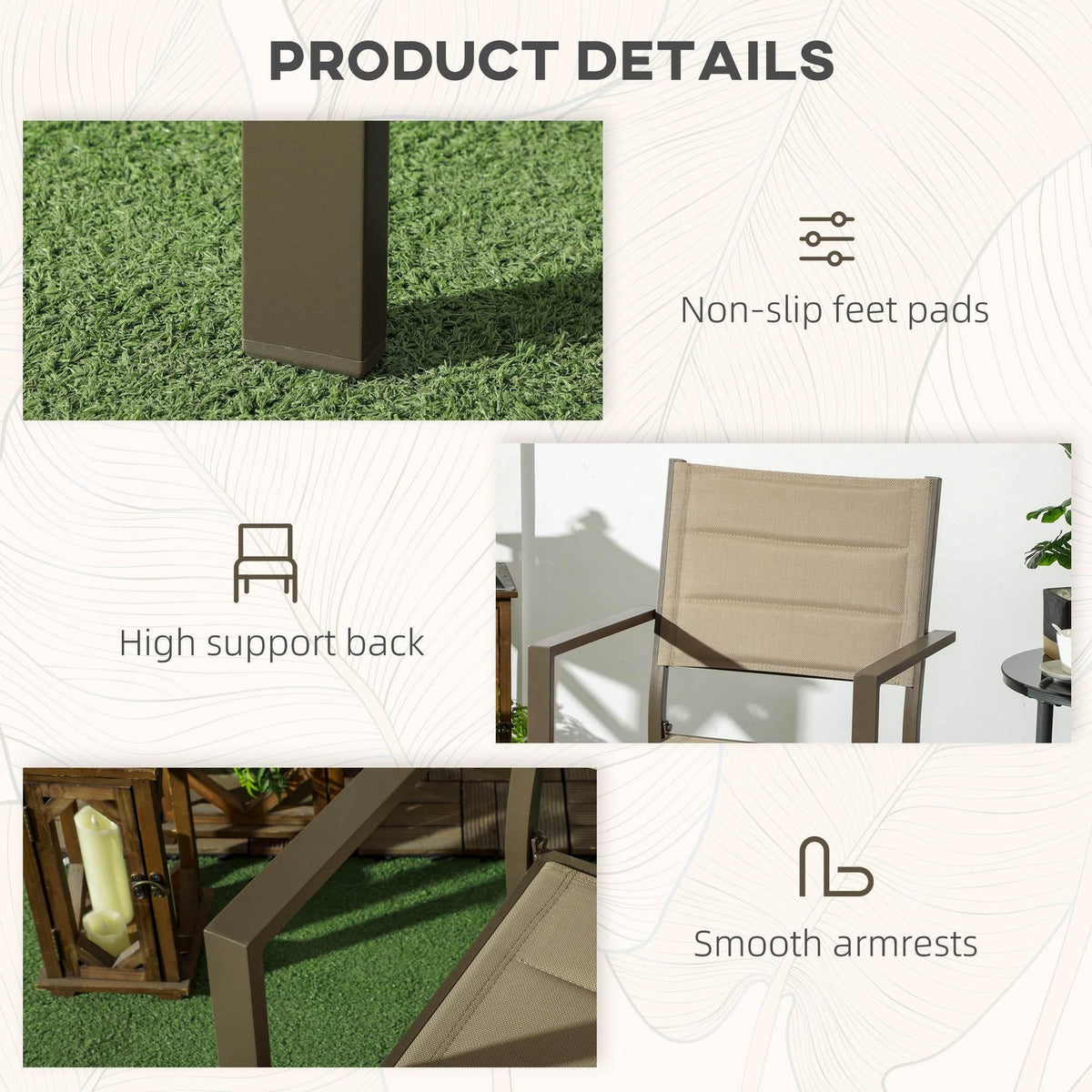 Garden chair base with non-slip feet pads and smooth armrests, khaki mesh seat