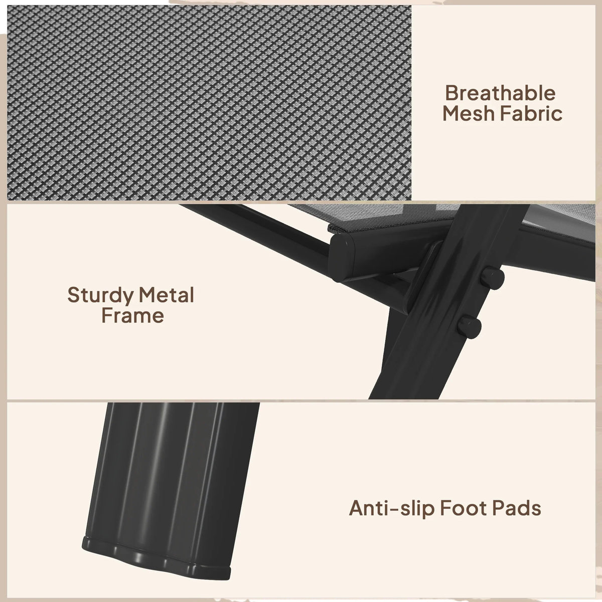 Black breathable mesh fabric outdoor chair with sturdy metal frame and anti-slip foot pads