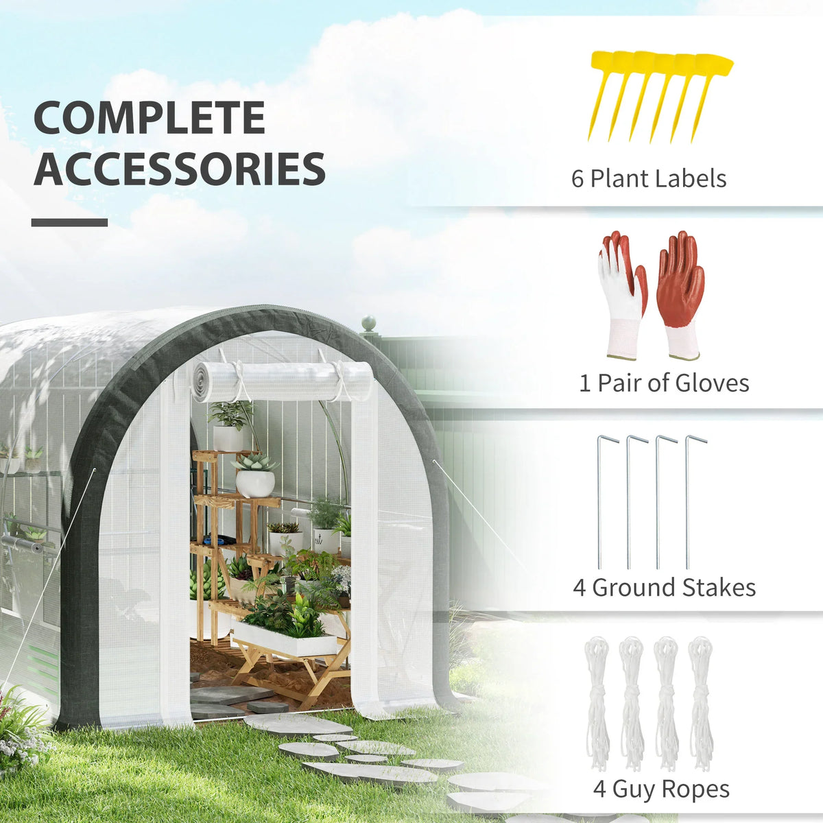 Walk-in tunnel greenhouse with included accessories: plant labels, gloves, stakes, and ropes