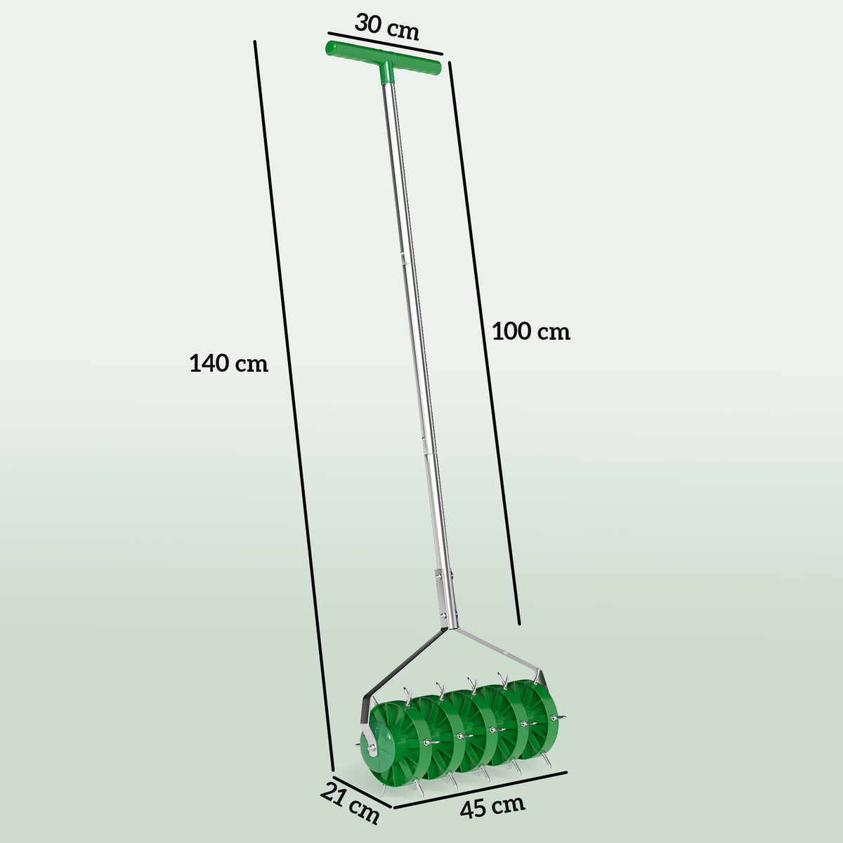Green lawn aerator roller with spikes and silver handle, shown with size measurements