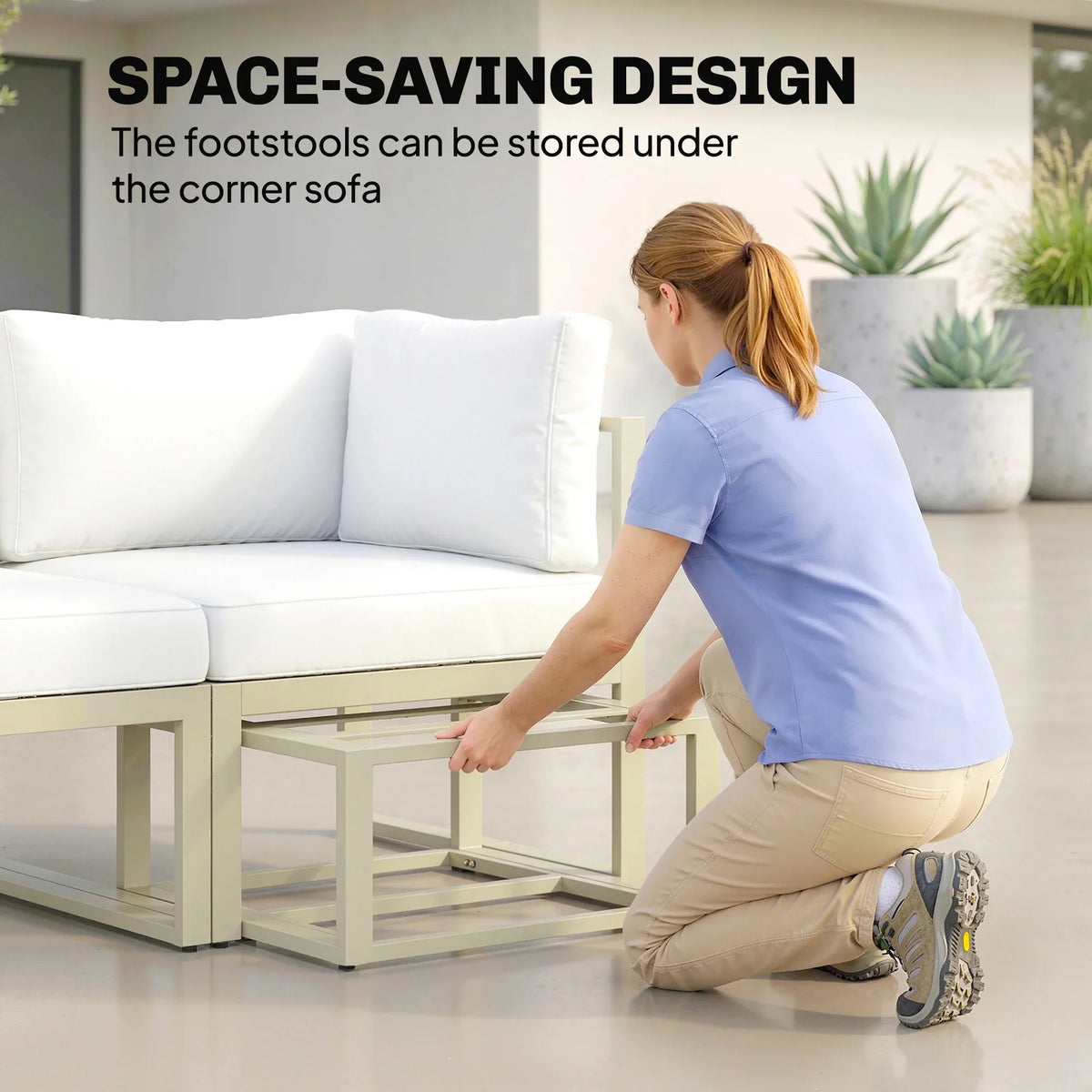 Space-saving corner sofa with white cushions and ottomans that store underneath