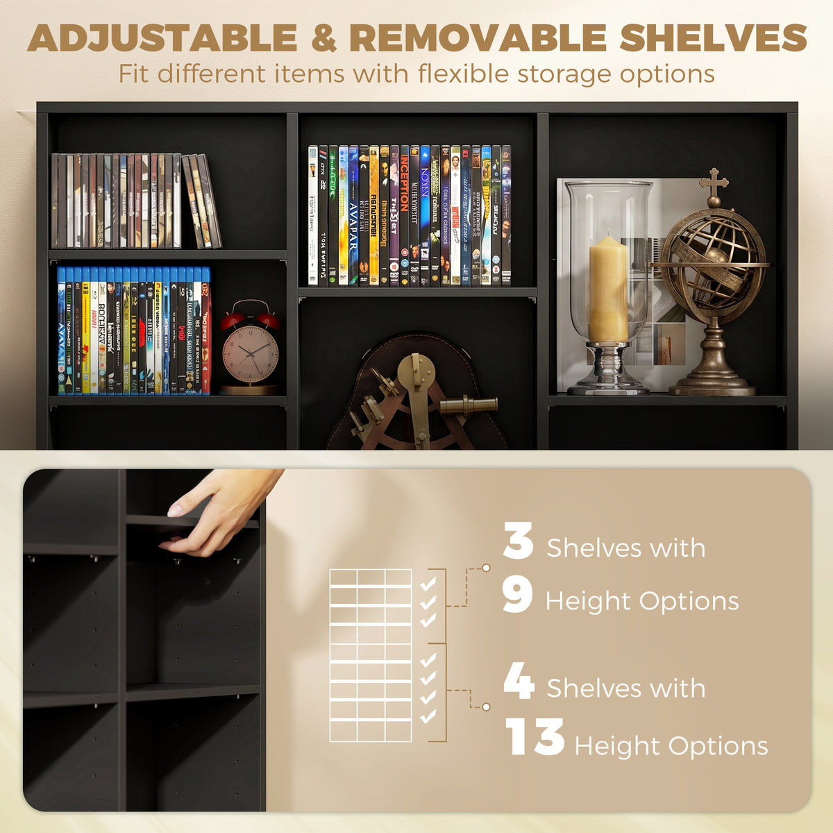 Black media storage cabinet with adjustable removable shelves and open storage bays