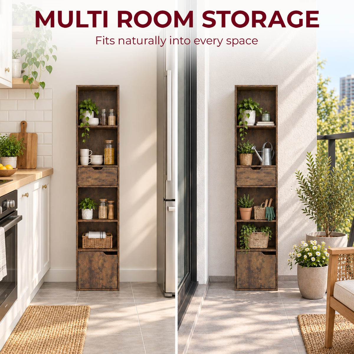 Rustic brown slim storage bookshelf with multiple open shelves and bottom drawer for home use
