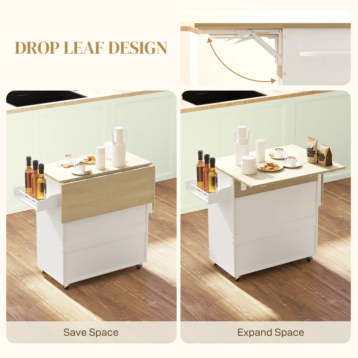 White kitchen island with drop-leaf top, shown expanded vs closed for space saving
